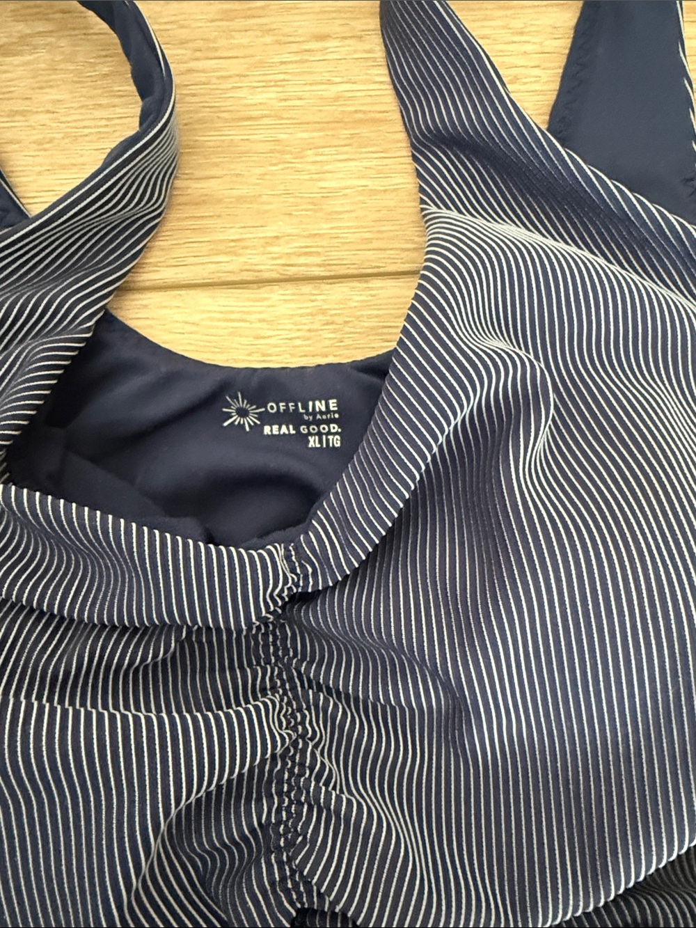 aerie Navy Pinstripe Ruched Sports Bra & High-Waist Shorts - Picture 2 of 4